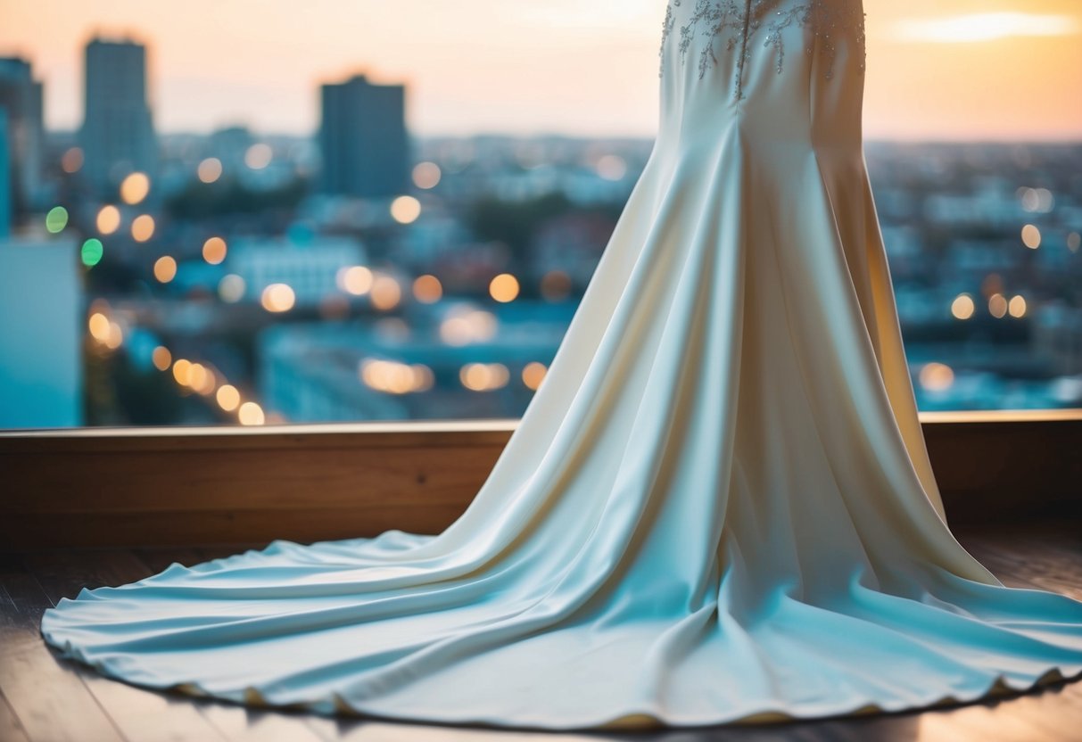 An evening gown drapes gracefully to the floor, skimming the surface with a gentle elegance