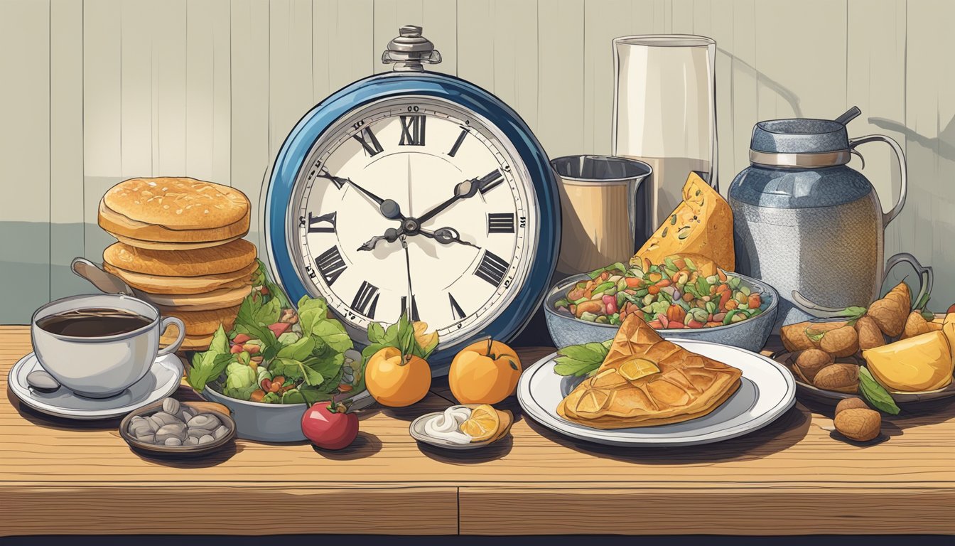 A clock on a table with food and drink items arranged around it, some within reach and some out of reach