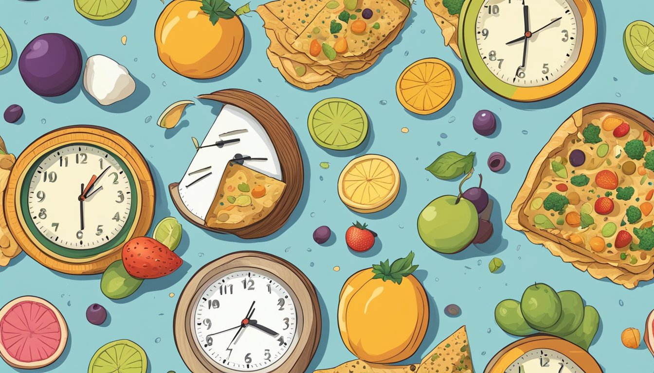 A clock showing different times of day with food items appearing and disappearing