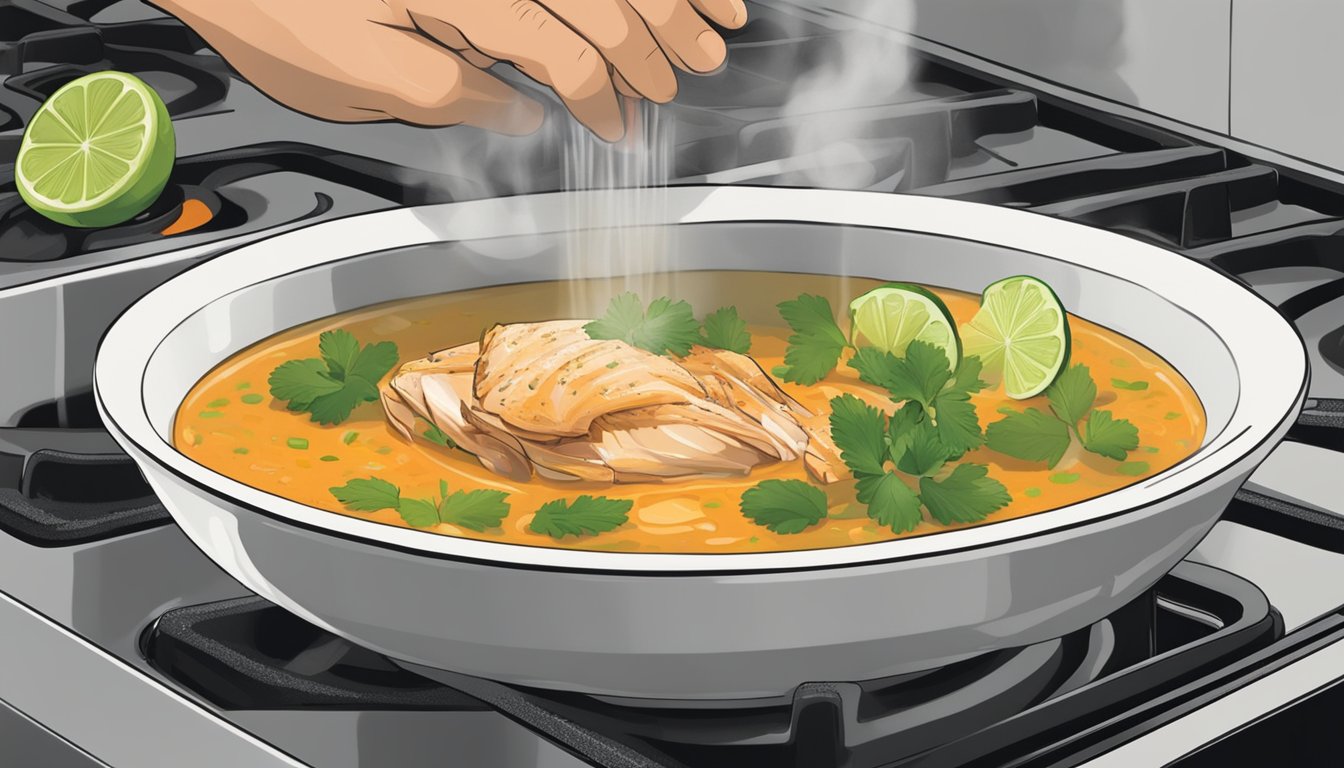 A steaming bowl of chipotle chicken soup sits on a stove, being gently reheated. A chef's hand adds a sprinkle of fresh cilantro and a squeeze of lime for the finishing touches