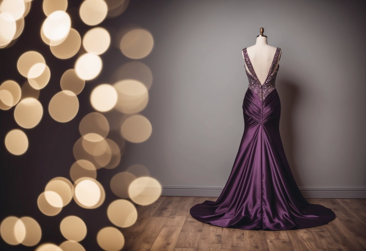 An elegant evening gown in rich fabric cascades to the floor, creating a graceful and sophisticated silhouette