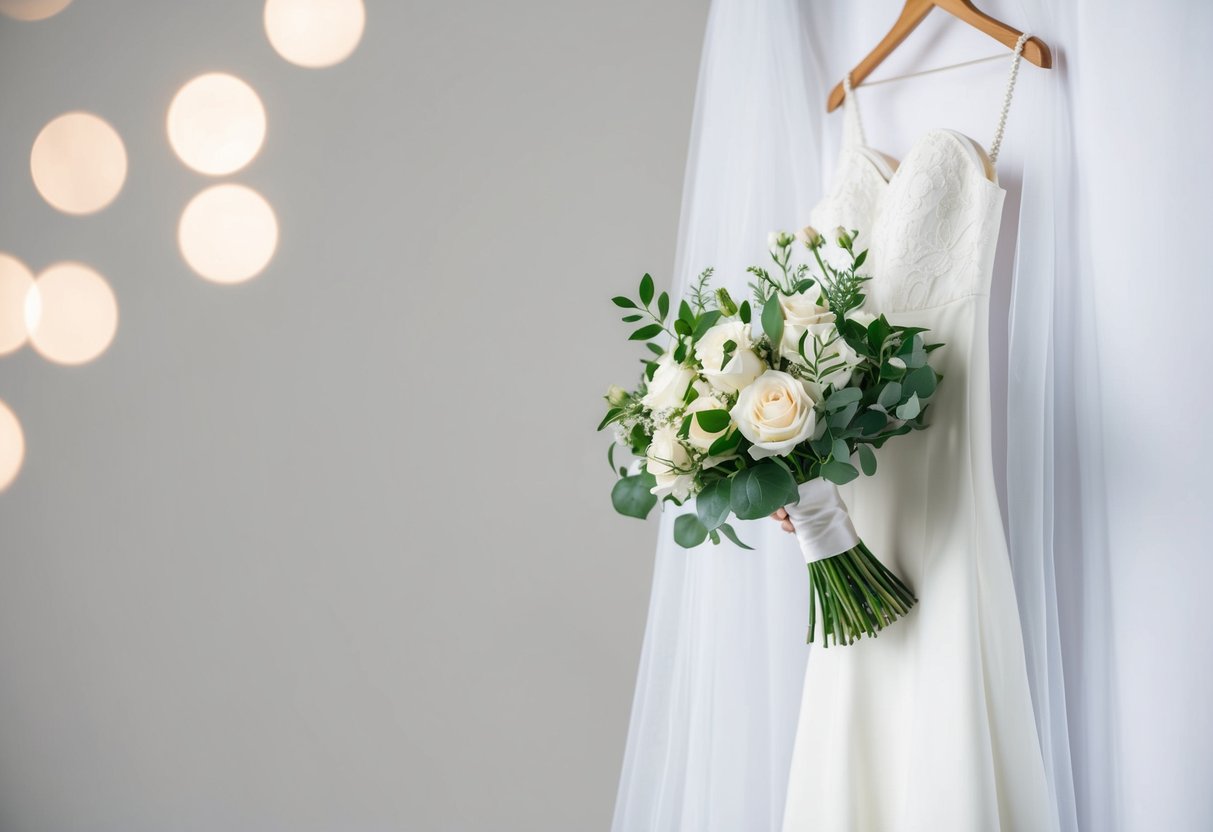 A white dress, veil, and bouquet against a white backdrop