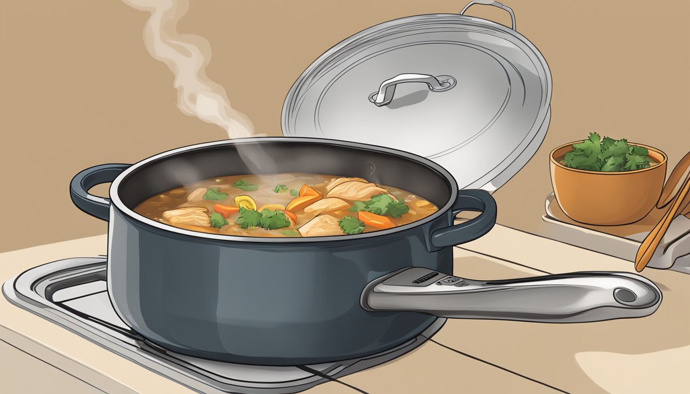 A steaming bowl of chipotle chicken soup is being carefully reheated on a stovetop, with a lid partially covering the pot to retain moisture and flavor