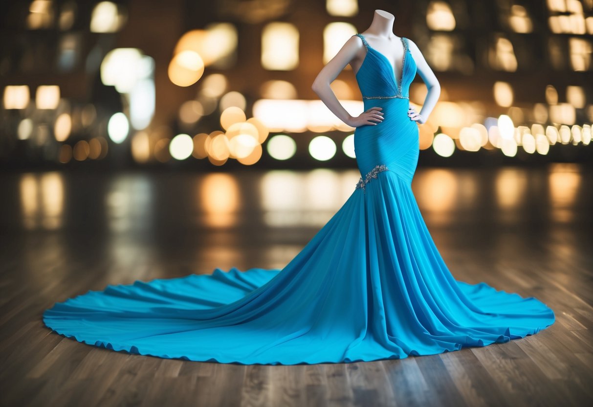 An elegant evening gown drapes gracefully to the floor, exuding confidence and sophistication