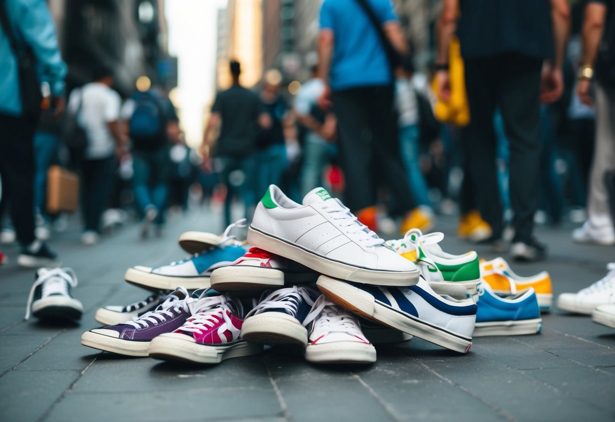 A pile of well-worn sneakers, ranging from classic white to colorful designs, scattered haphazardly on the floor of a crowded urban street