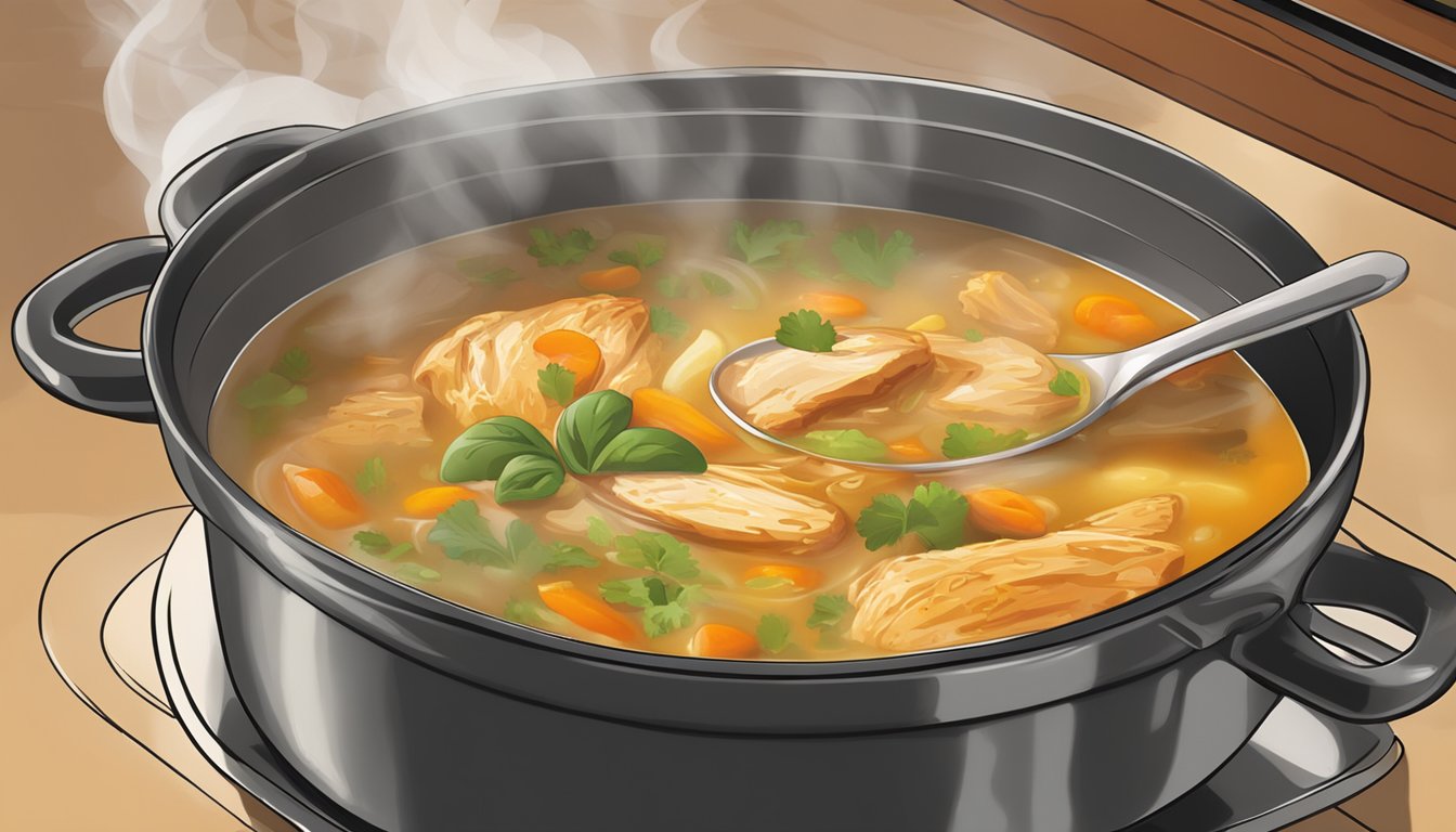 A pot of chipotle chicken soup simmering on a stovetop, steam rising as the soup is gently reheated. A wooden spoon stirs the soup, blending the flavors for optimum taste