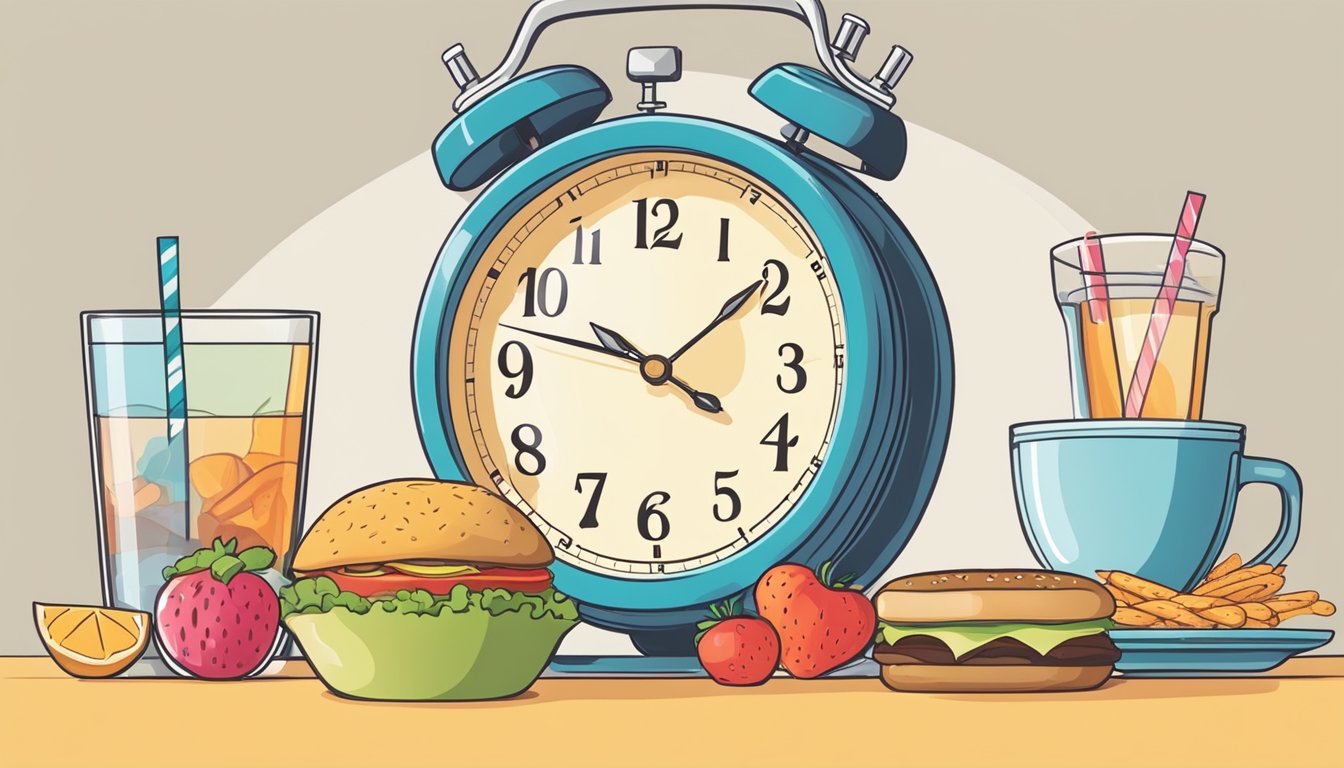 A clock showing the time between meals, with a glass of water and a plate of healthy foods, while sugary drinks and unhealthy snacks are crossed out