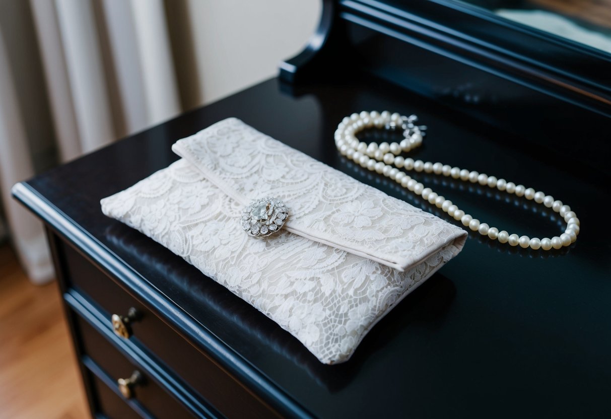 A white lace clutch and pearl necklace laid out on a dark wooden dresser