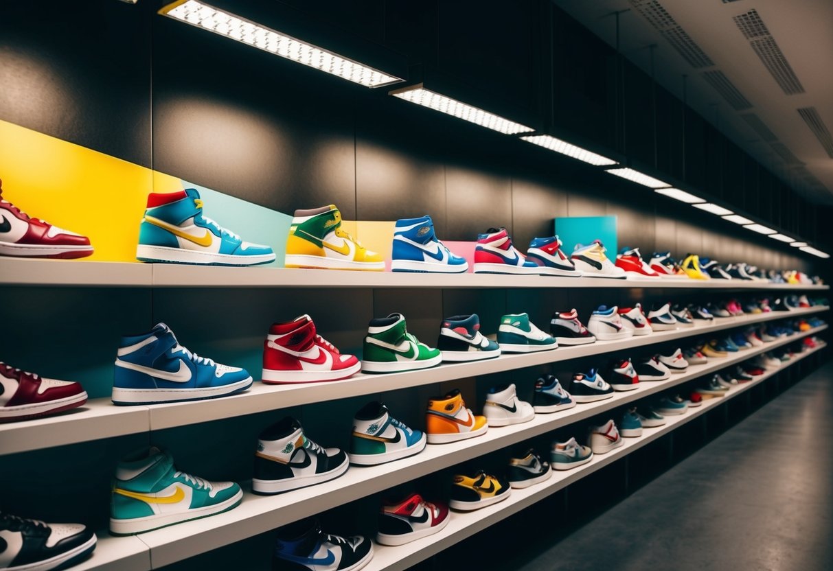 A colorful array of iconic sneakers from different brands, lined up on shelves with spotlights highlighting their unique designs and features