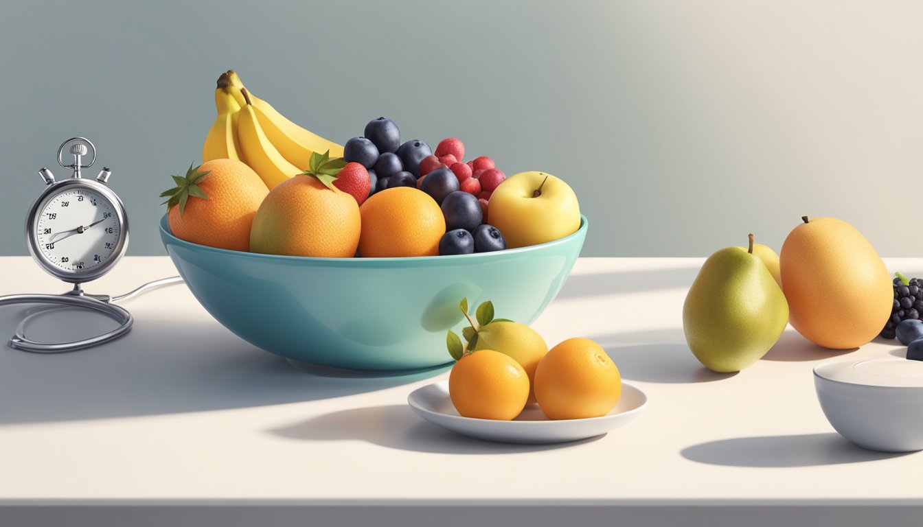 A bowl of assorted fruits placed on a clean, white table with a stopwatch in the background, indicating the concept of intermittent fasting and dietary choices