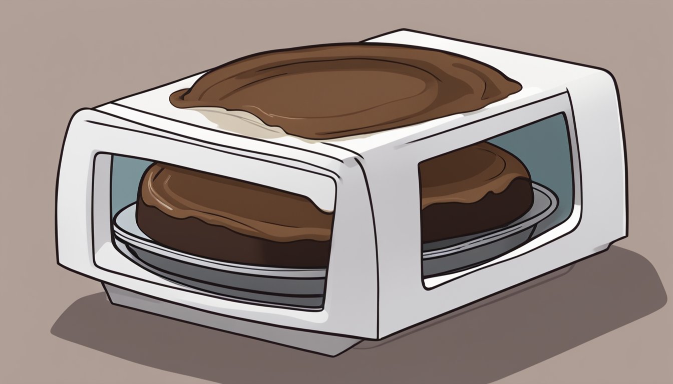 A slice of chocolate lava cake being placed in a microwave-safe dish, covered with a damp paper towel, and heated until the center is gooey