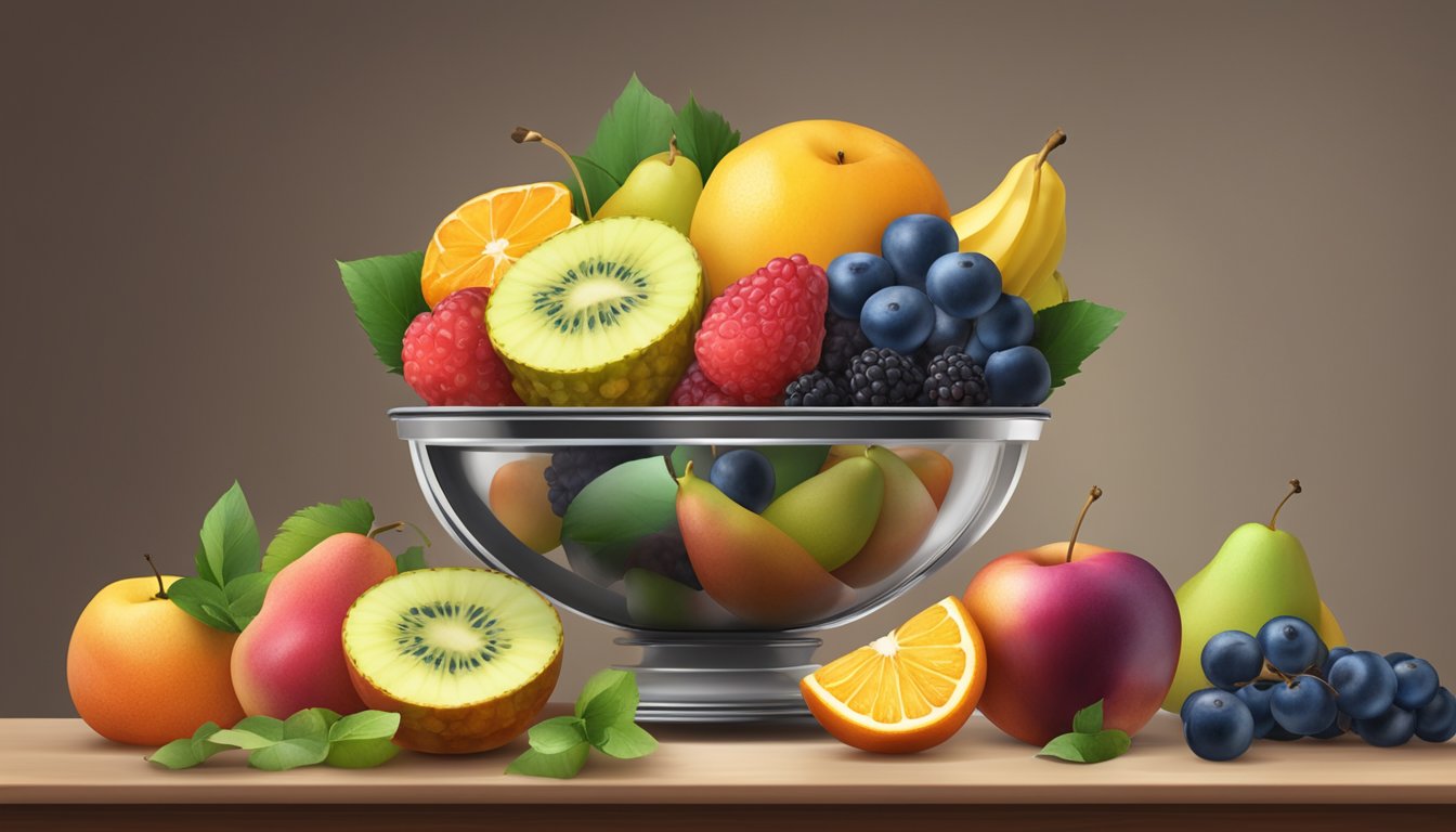 A bowl of assorted fruits sits on a table next to a clock showing a designated fasting period