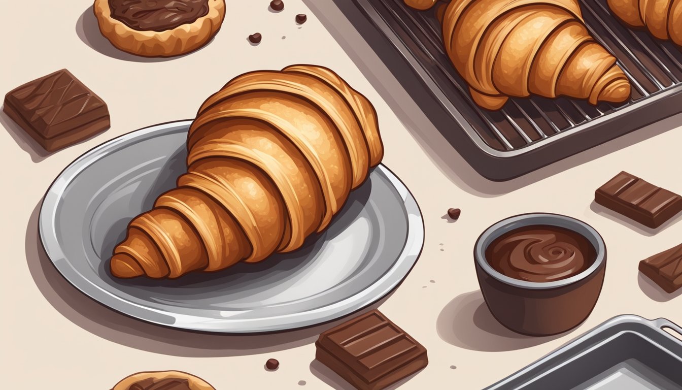 A croissant sits on a baking sheet, surrounded by a warm oven and a faint aroma of chocolate