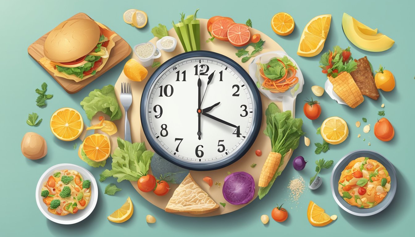 A clock showing different meal times and a variety of food items arranged in a visually appealing manner