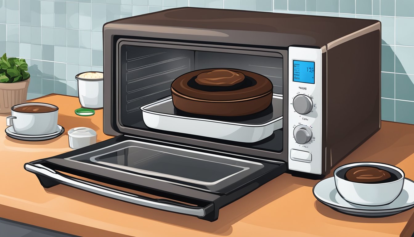 A chocolate lava cake sits on a plate, surrounded by a microwave, oven, and stovetop. Each method is being used to reheat the cake, with steam rising from the gooey center