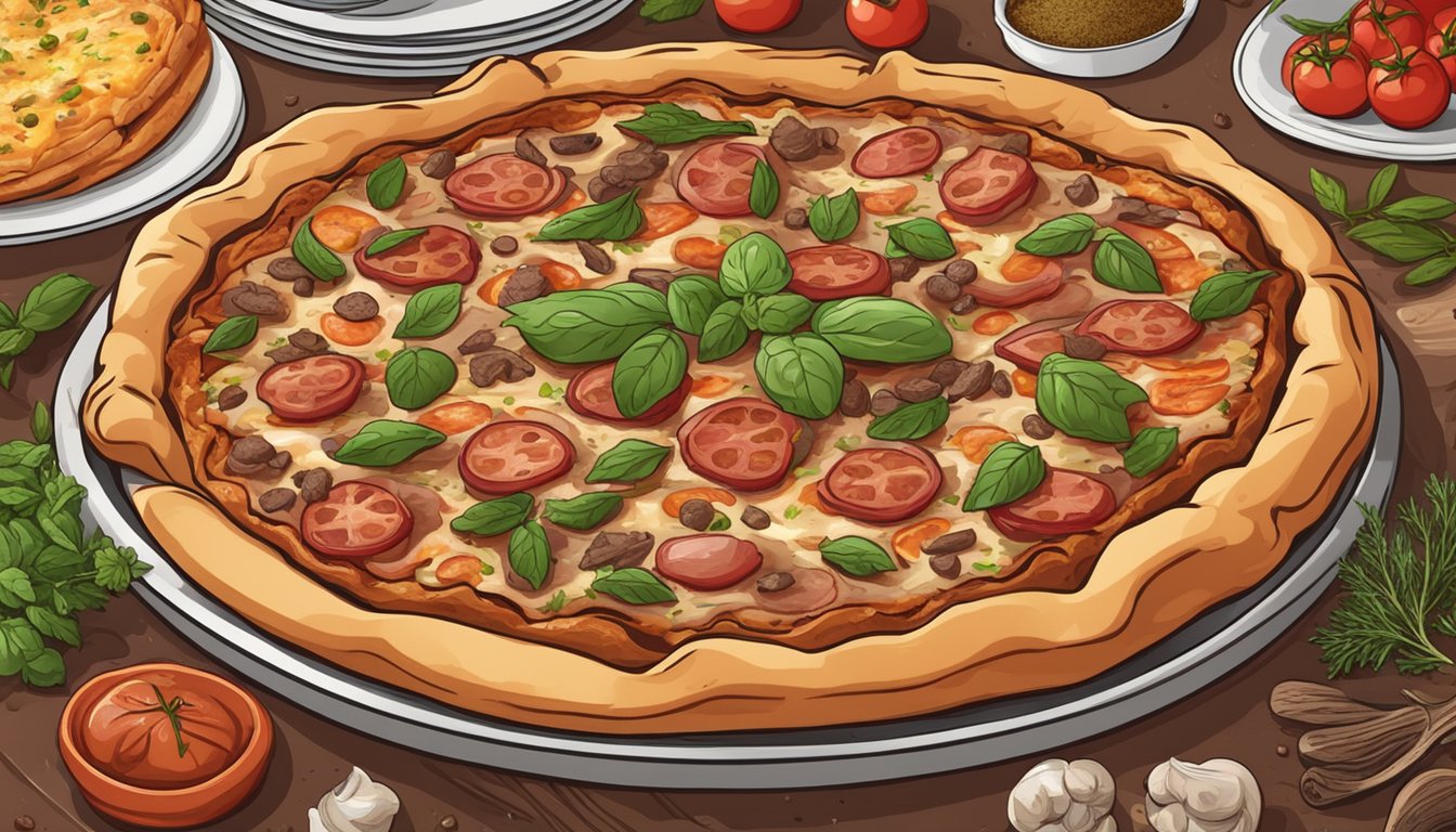 A steaming deep dish meat lovers pizza sits on a baking sheet, fresh out of the oven, surrounded by aromatic herbs and spices