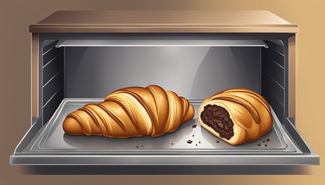 A chocolate croissant sits on a baking sheet in a preheated oven, the golden pastry glistening with butter and the chocolate filling beginning to melt