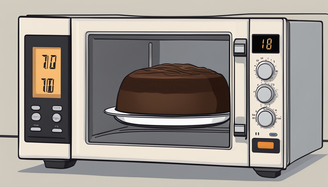 A microwave with a chocolate lava cake inside, set to low power and a timer, with a digital display showing the temperature rising