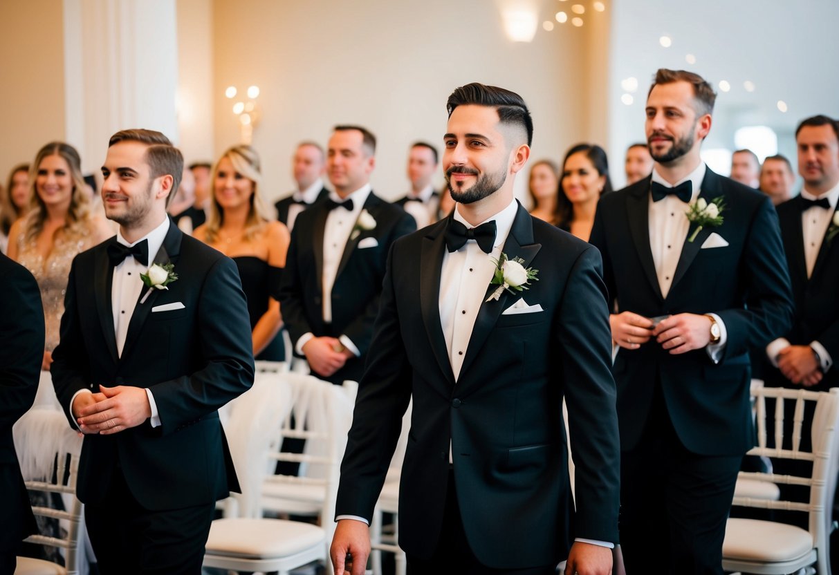 A group of guests wearing black attire at a wedding ceremony