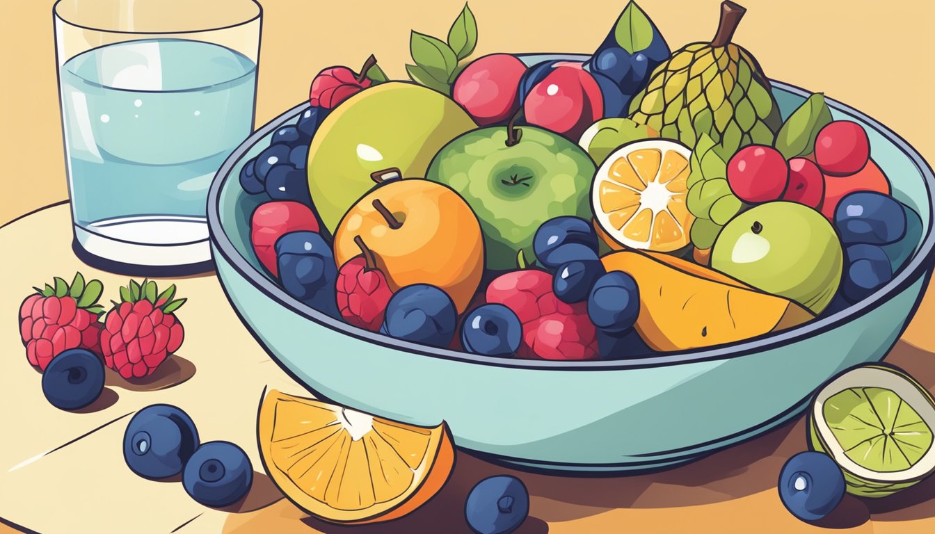 A bowl of assorted fruits surrounded by a timer set for fasting periods, with a glass of water nearby