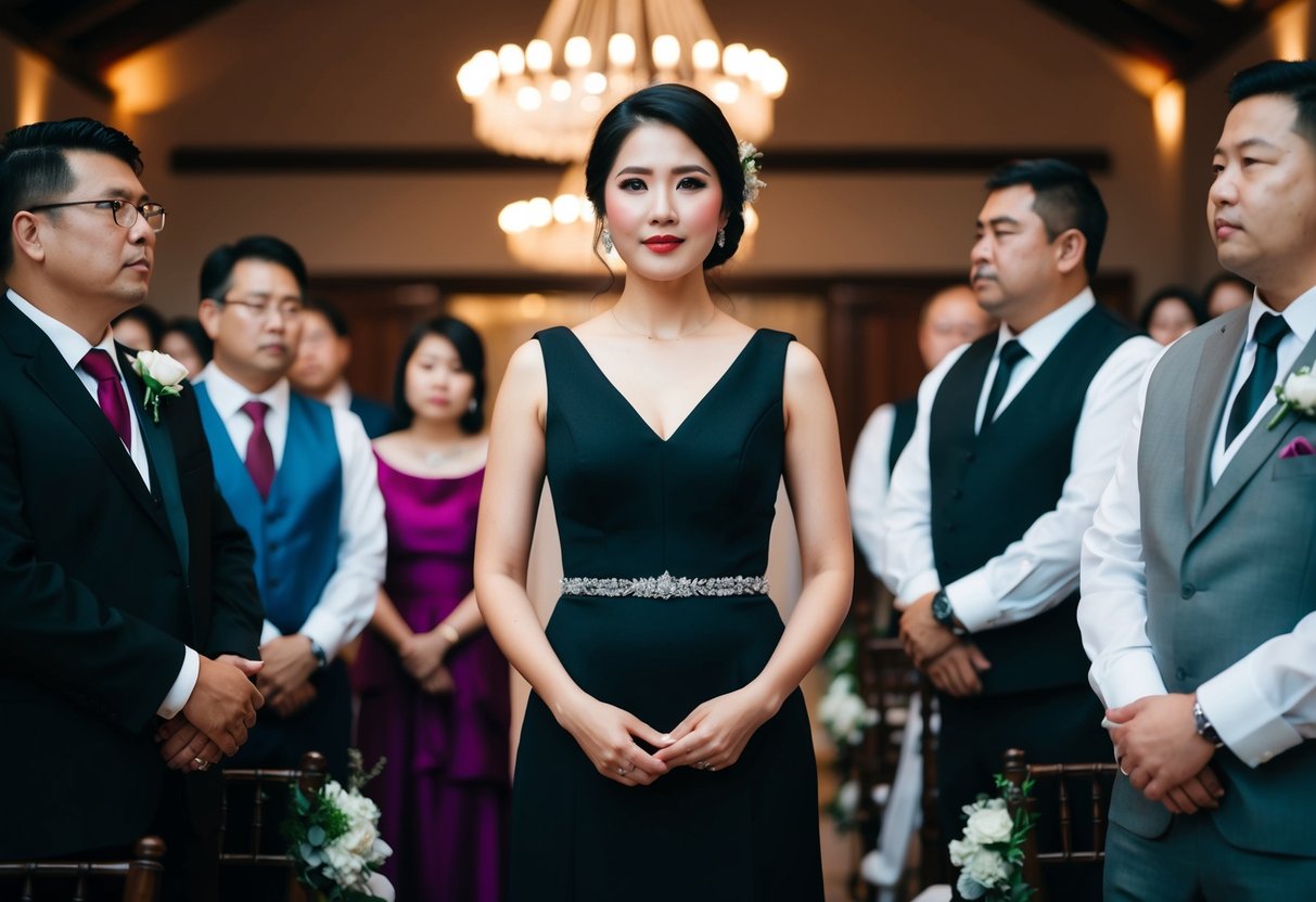 A woman in a black dress stands out at a traditional wedding ceremony. Guests in formal attire look disapprovingly at her choice of outfit