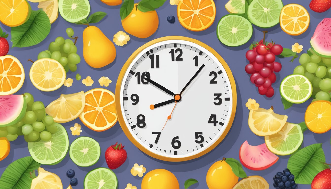 A clock showing the time window for intermittent fasting, with a variety of fruits arranged on a table