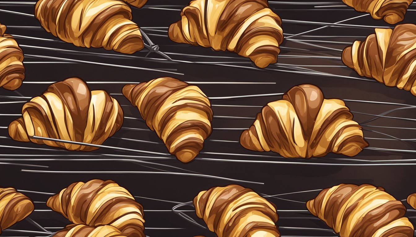 A chocolate croissant sits on a wire rack inside a preheated oven, the golden pastry glistening with melted chocolate, emitting a warm, buttery aroma