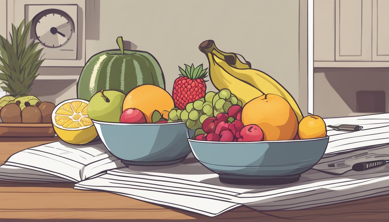 A bowl of assorted fruits sits on a table next to a timer set for intermittent fasting