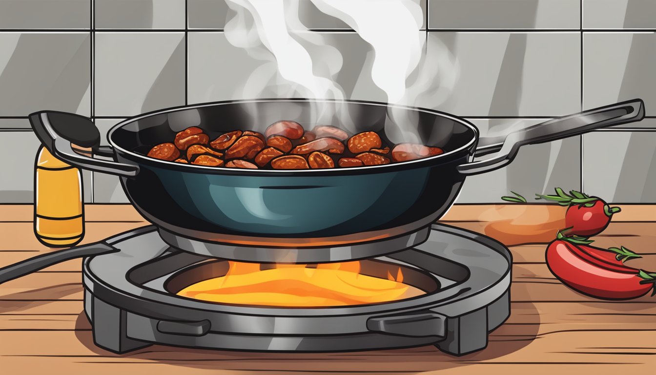 A skillet with sizzling chorizo being heated over a stove, emitting a mouthwatering aroma