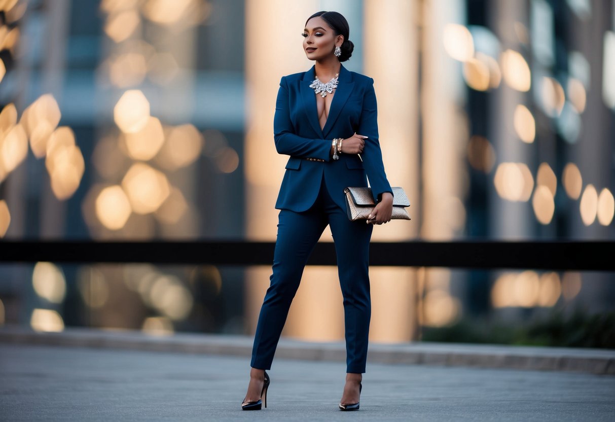 A woman in a sleek pantsuit stands with confidence, accessorized with statement jewelry and a stylish clutch, exuding elegance without heels