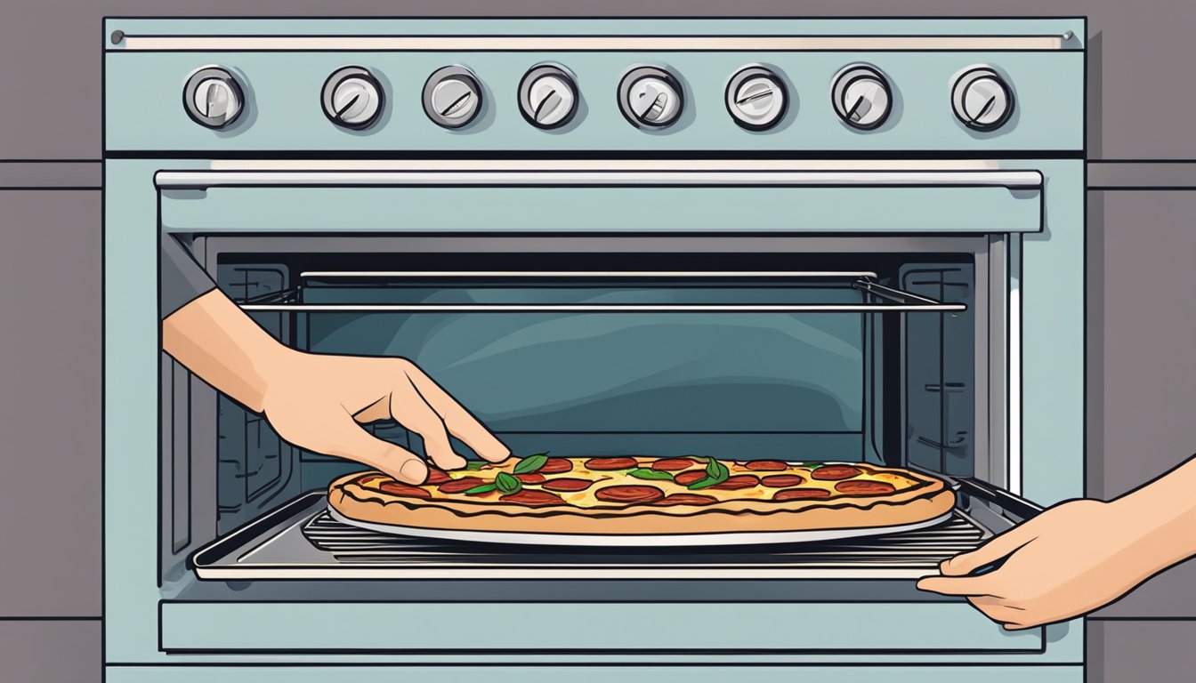 A hand placing a deep dish supreme pizza on a baking sheet in front of an open oven