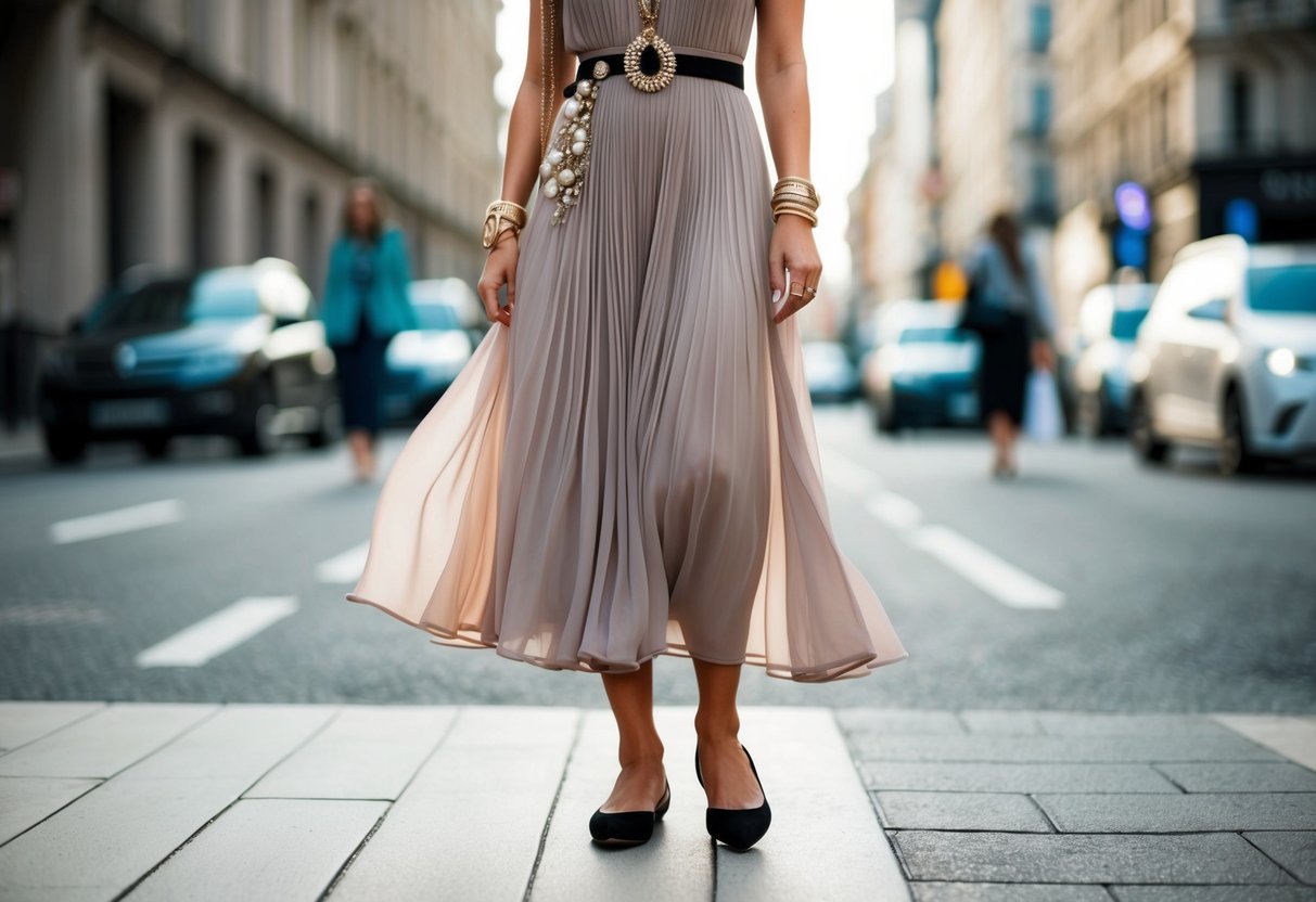 A stylish outfit with a flowing dress, statement jewelry, and elegant flats, set against a backdrop of a fashionable city street