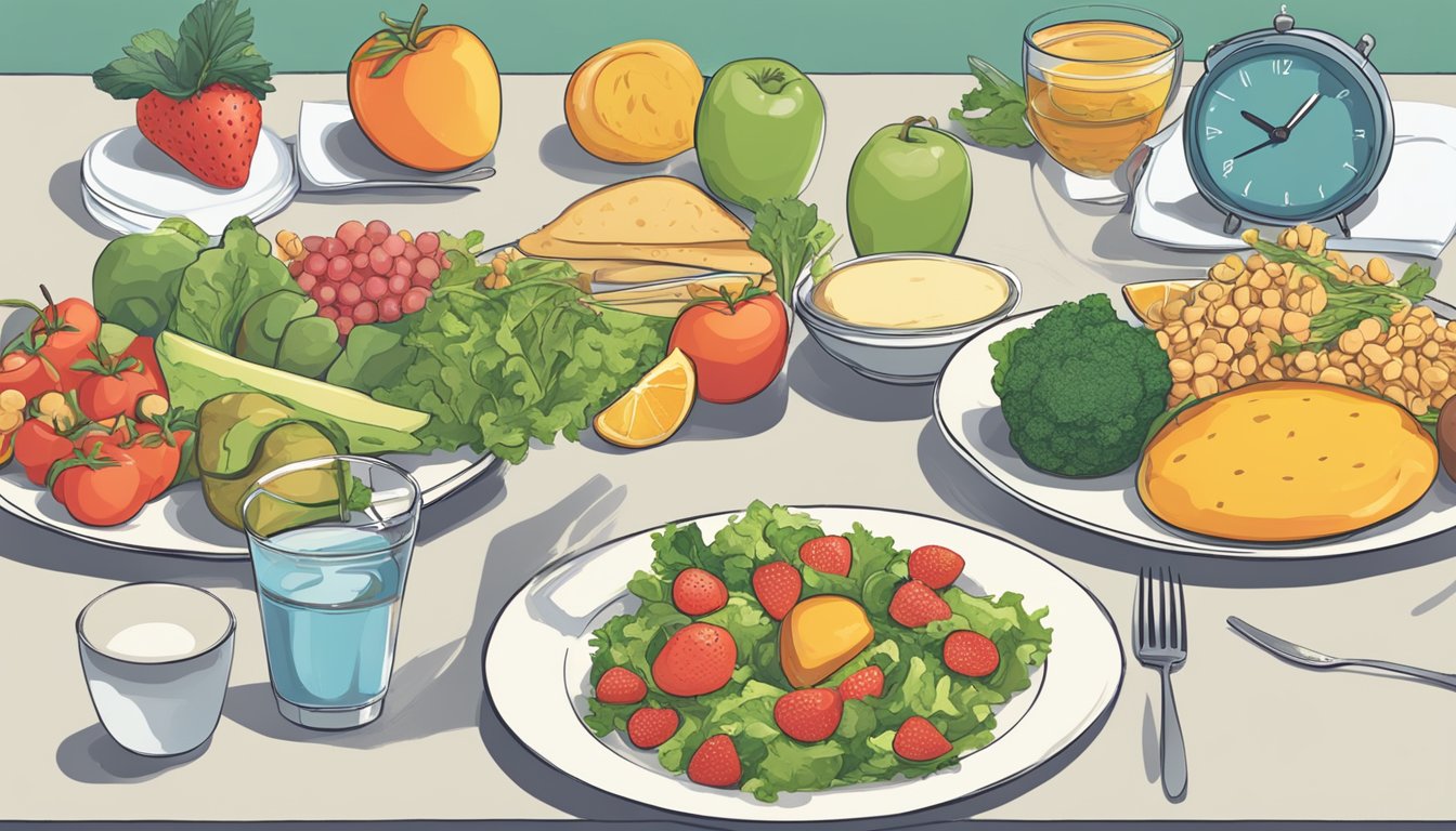 A table split in half: one side piled with healthy foods to eat, the other with unhealthy foods to avoid. A clock in the background symbolizes intermittent fasting