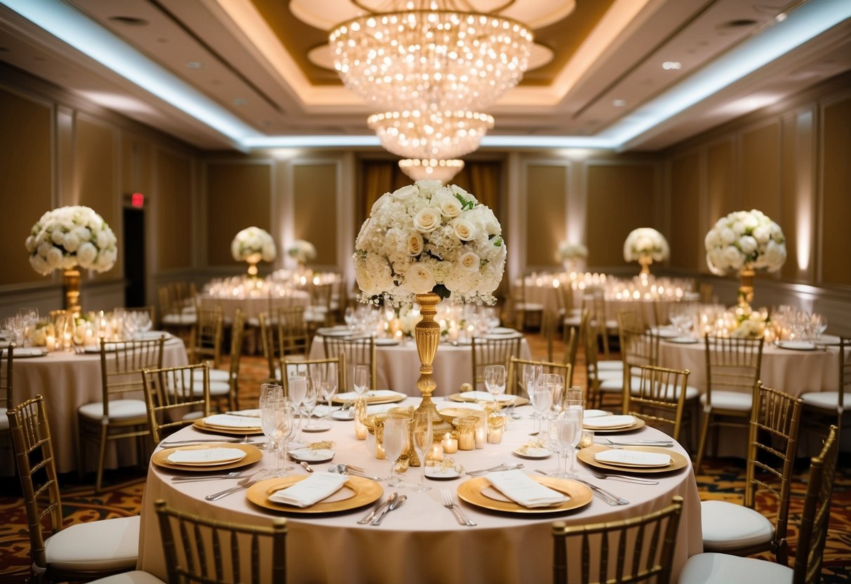 A lavish wedding banquet with elegant gold decor and attire