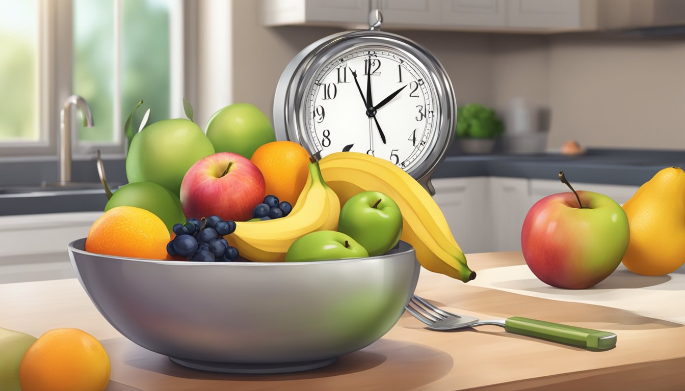 A bowl of assorted fruits sits on a kitchen counter, with a clock in the background showing the time within the intermittent fasting window