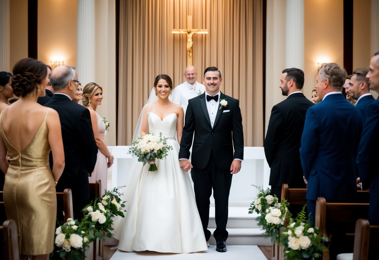 A bride and groom stand at the altar, the bride in a white gown and the groom in a black tuxedo. The guests are dressed in elegant attire, with one woman wearing a gold dress