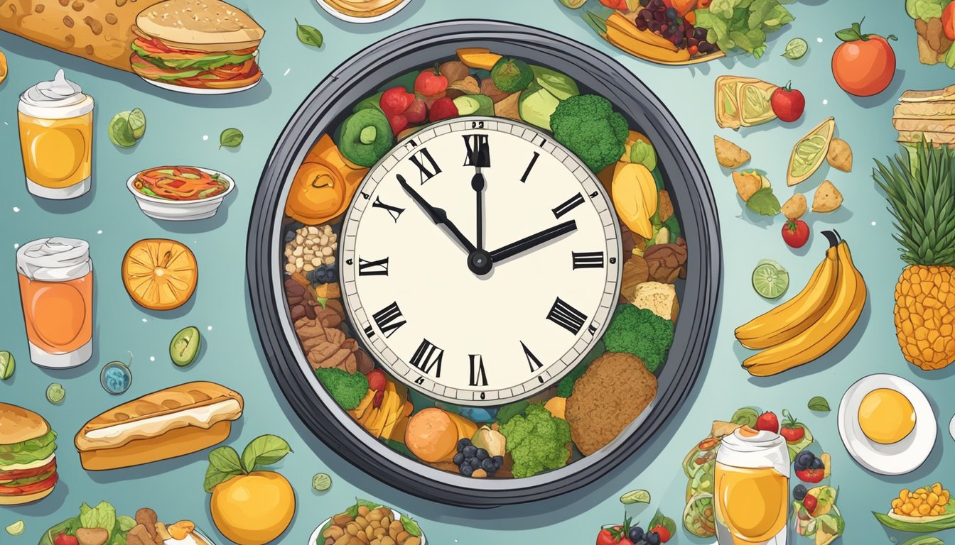 A clock showing different times of day surrounded by a variety of food items, some healthy and some unhealthy, with a clear divide between the eating and fasting windows