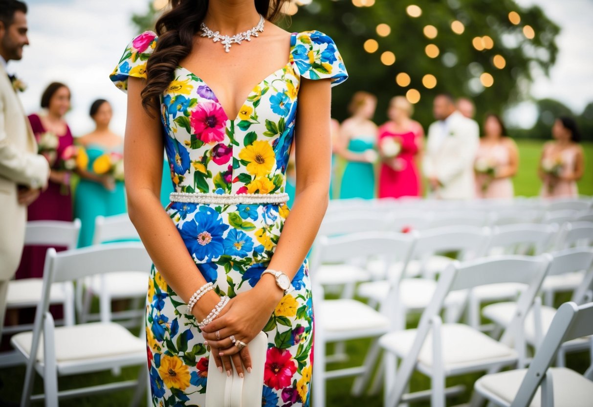 A colorful floral dress paired with white accessories at a wedding
