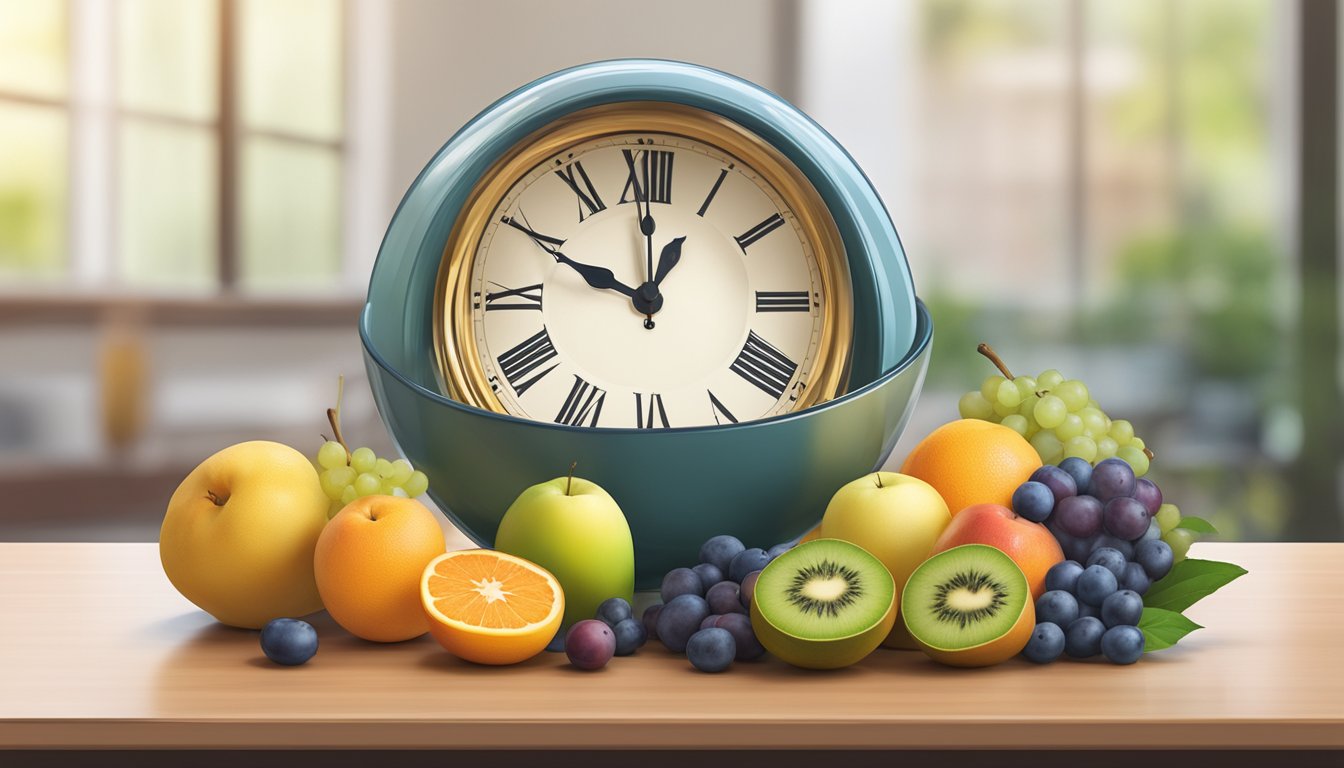 A bowl of assorted fruits sits on a table next to a clock showing the time within the intermittent fasting window