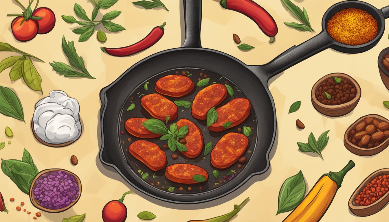 A skillet sizzling with reheated chorizo, emitting a savory aroma, surrounded by colorful spices and herbs