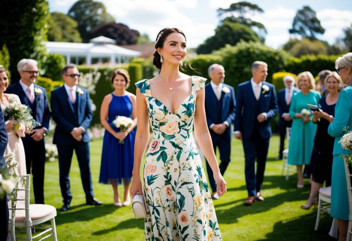 A woman in a floral dress stands in a garden, surrounded by guests in formal attire. The sun is shining, and a wedding venue is visible in the background