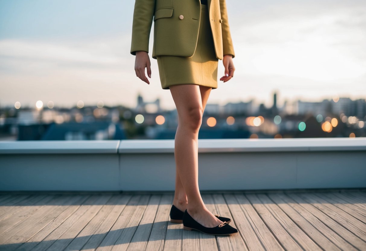A person wearing a stylish outfit with a pair of fashionable, comfortable flats, standing confidently with good posture