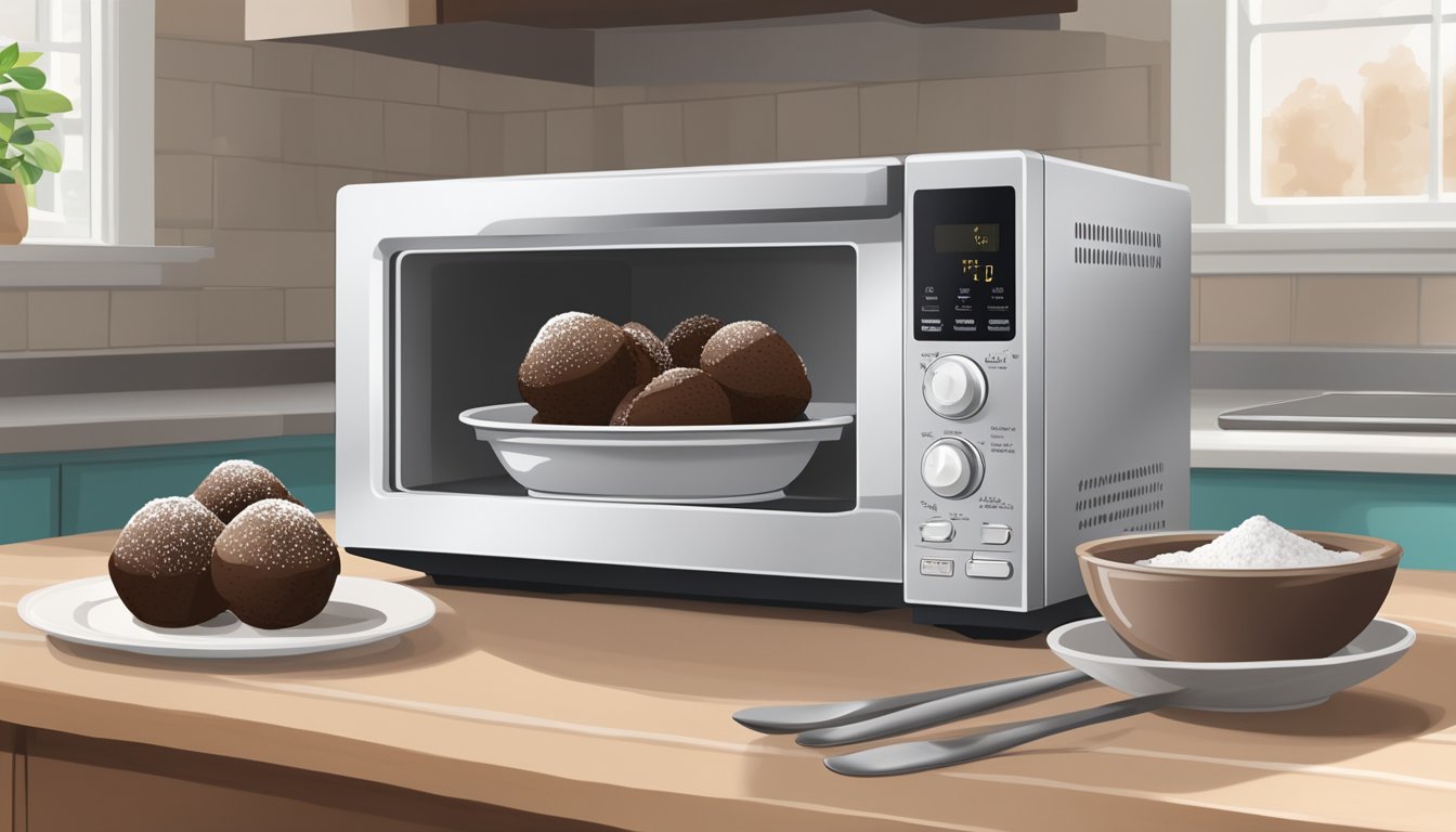 A microwave with a plate of chocolate truffles inside, a timer set for 10 seconds, and a small bowl of powdered sugar nearby