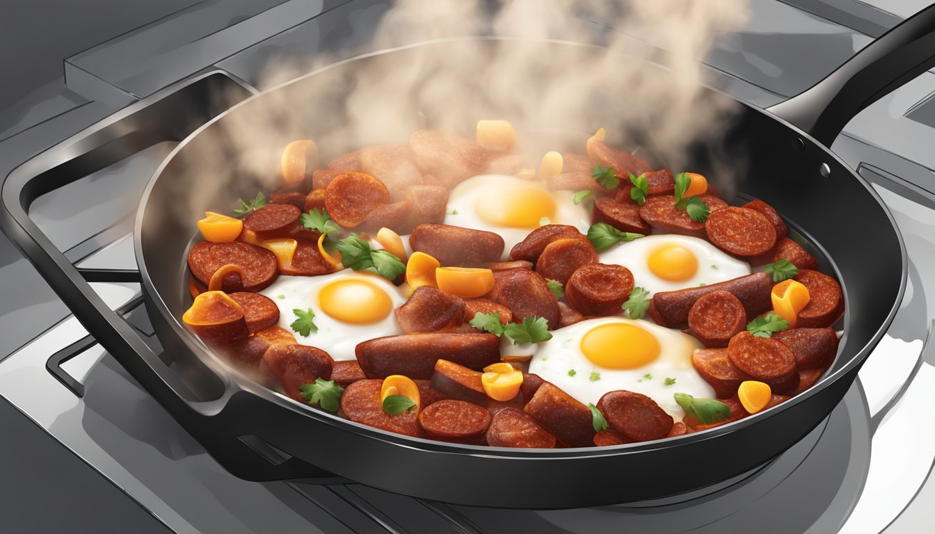 A skillet sizzling with reheated chorizo, emitting aromatic steam