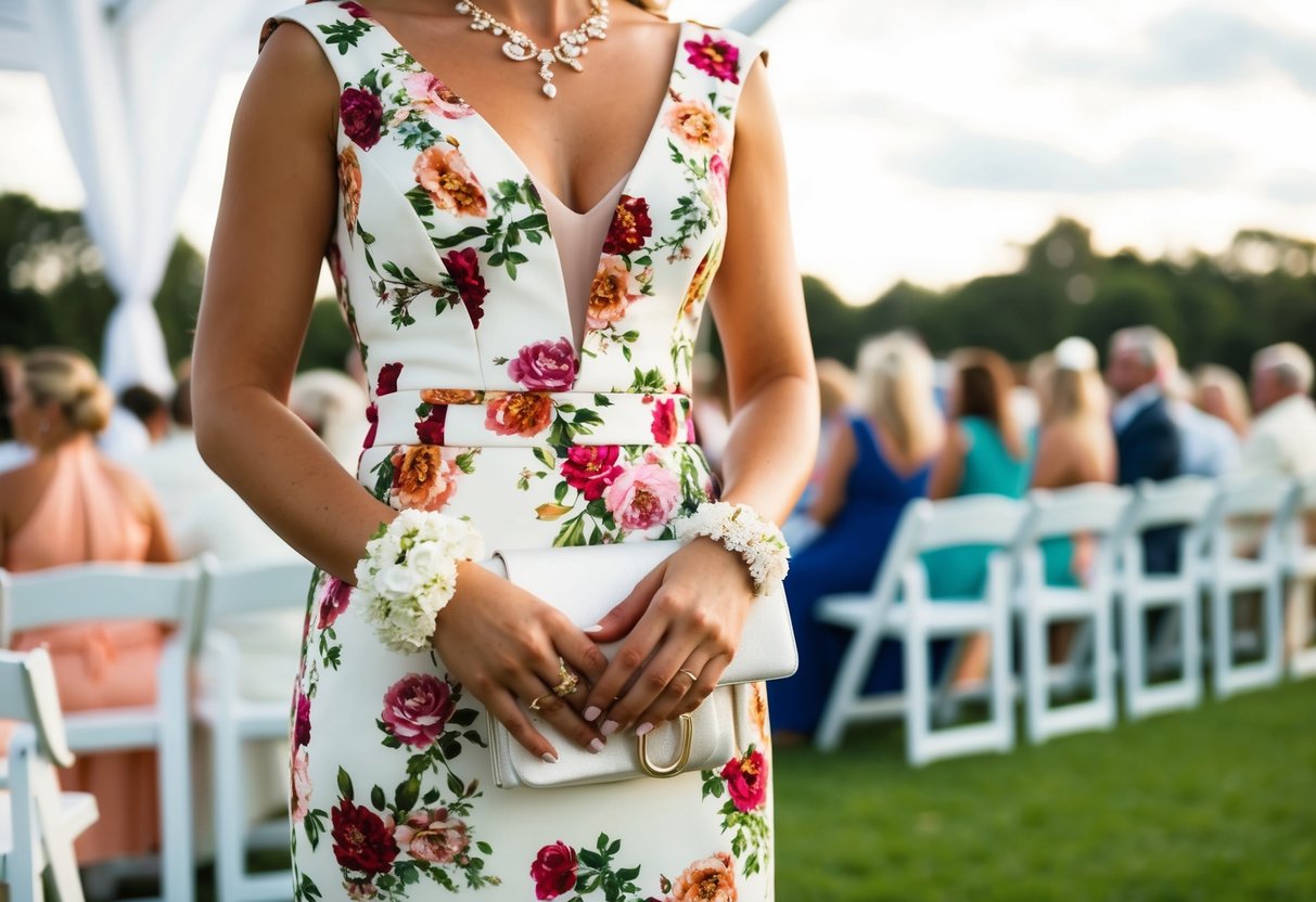 A floral dress paired with white accessories at a wedding