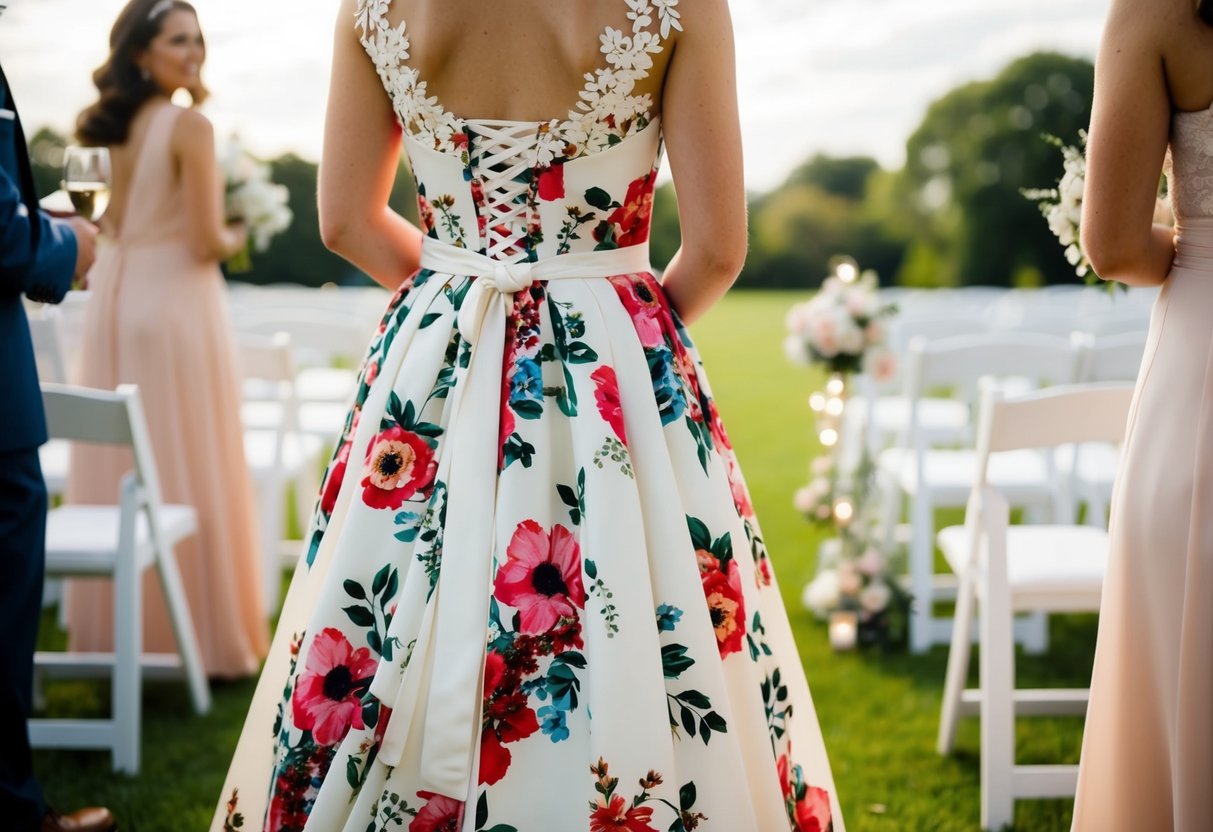 A floral dress paired with white accessories at a wedding
