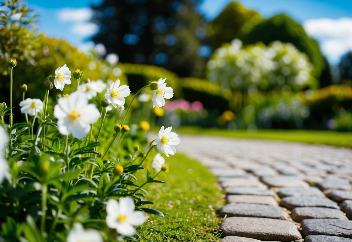 A serene garden with a cobblestone path, blooming white flowers, and a clear blue sky