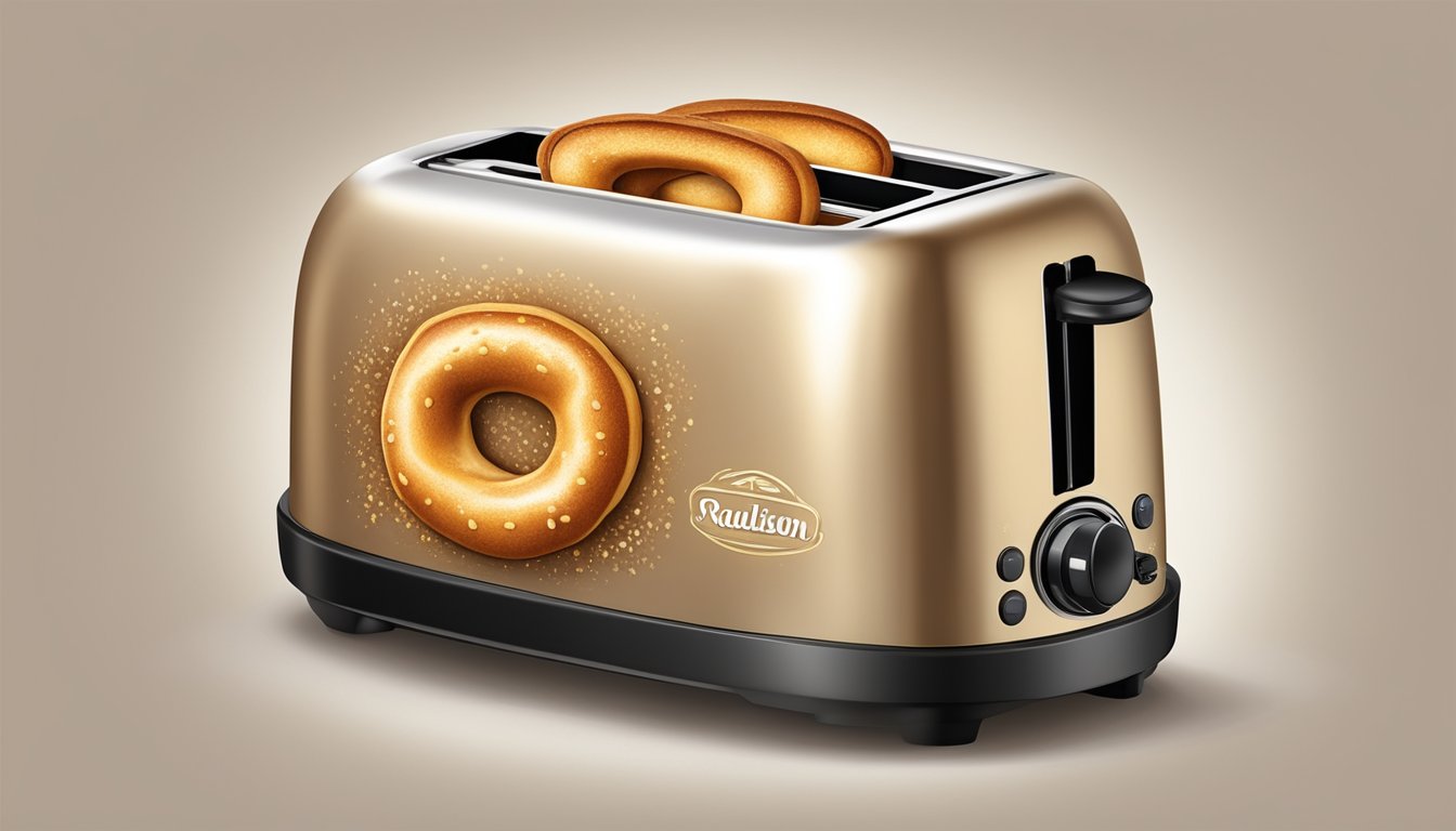 A toaster set to medium heat with a cinnamon raisin bagel inside, emitting a warm, golden glow