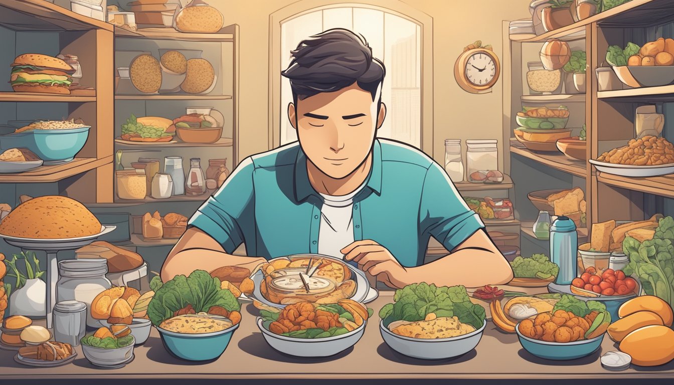 A person surrounded by a variety of food options, with a clock in the background indicating the time window for intermittent fasting