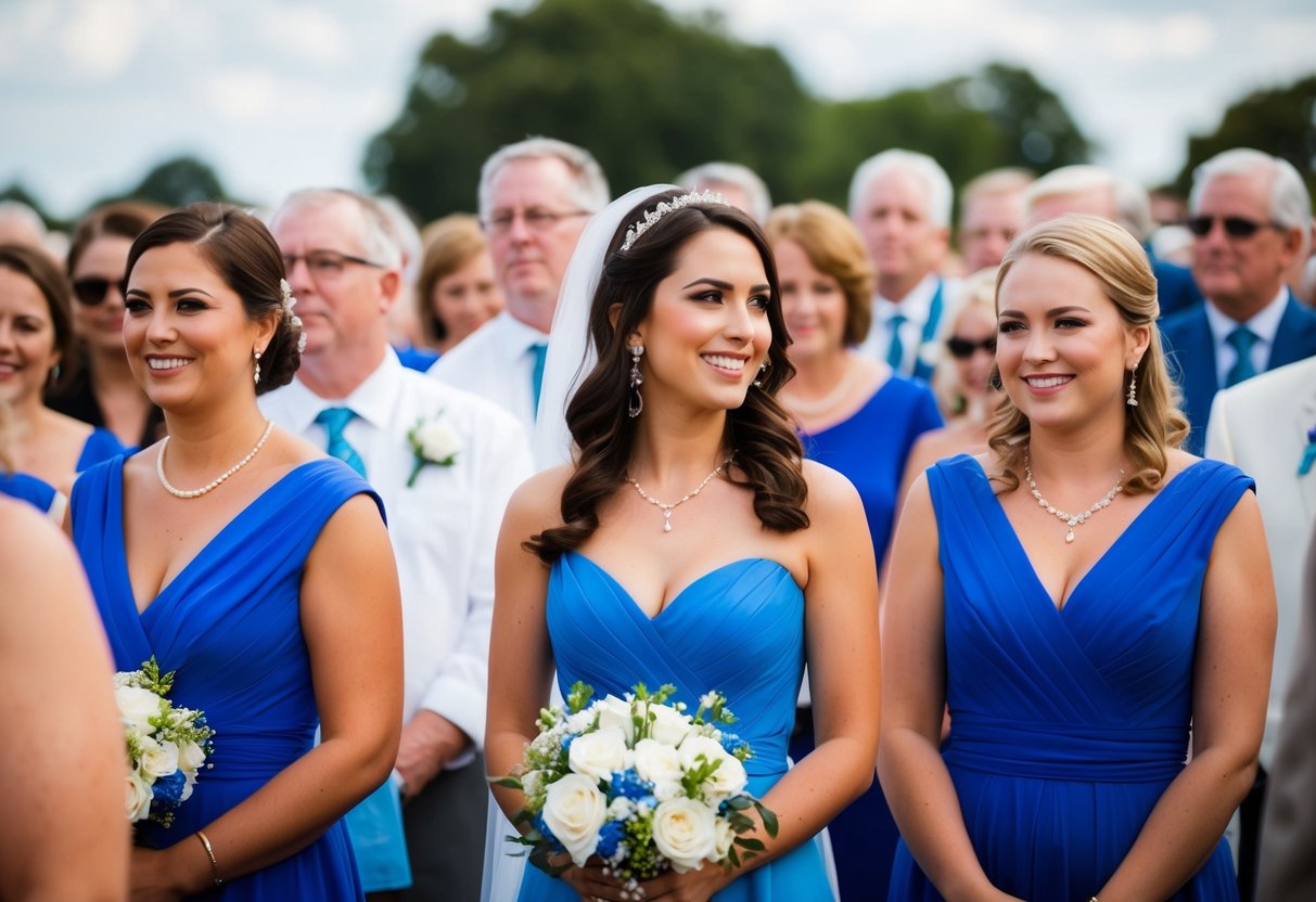 A woman in a blue dress with white flowers stands among a crowd at a wedding